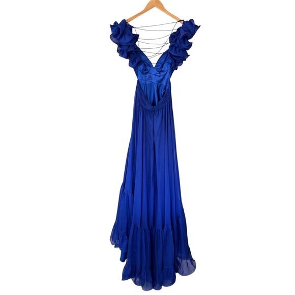 Mac Duggal 67911 Ruffle Tiered Cut Out Chiffon Gown Dress Cobalt Blue Size 0 NWT - Picture 4 of 12